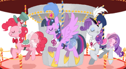 Size: 800x442 | Tagged: safe, artist:kairean, character:pinkie pie, character:rarity, character:twilight sparkle, character:twilight sparkle (alicorn), species:alicorn, species:pony, carousel, clothing, female, mare, merry-go-round, saddle, tiara