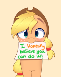 Size: 1900x2400 | Tagged: safe, artist:joyfulinsanity, character:applejack, species:earth pony, species:pony, blushing, clothing, female, freckles, hat, looking at you, mare, motivational, mouth hold, positive message, positive ponies, solo