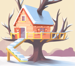 Size: 523x457 | Tagged: safe, artist:karzahnii, bare tree, clubhouse, crusaders clubhouse, no pony, scenery, snow, tree, treehouse, winter