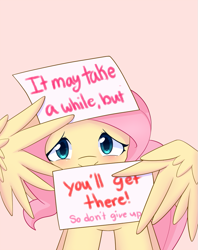 Size: 791x1000 | Tagged: safe, artist:joyfulinsanity, character:fluttershy, species:pegasus, species:pony, g4, blushing, encouragement, female, looking at you, mare, motivational, positive message, positive ponies, sign, simple background, solo, text, wing hands, wings