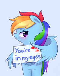 Size: 712x900 | Tagged: safe, artist:joyfulinsanity, character:rainbow dash, species:pegasus, species:pony, blushing, embarrassed, female, flirting, looking at you, mare, motivational, positive ponies, shy, sign, smiling, solo, wing hands