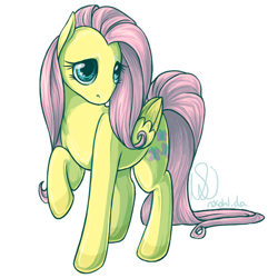 Size: 720x720 | Tagged: safe, artist:nikohl, character:fluttershy, species:pegasus, species:pony, female, folded wings, head turn, looking at you, mare, raised hoof, simple background, solo, standing, three quarter view, white background, wings