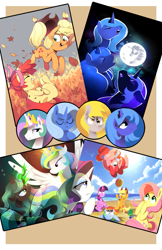 Size: 719x1112 | Tagged: safe, artist:karzahnii, character:applejack, character:derpy hooves, character:fluttershy, character:pinkie pie, character:princess celestia, character:princess luna, character:queen chrysalis, character:rainbow dash, character:rarity, character:trixie, character:twilight sparkle, species:pegasus, species:pony, female, mane six, mare, three luna moon, three wolf moon