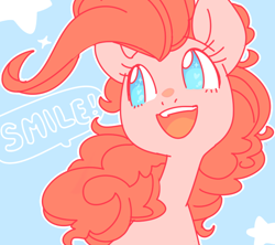 Size: 620x551 | Tagged: safe, artist:buljong, character:pinkie pie, blue background, bust, cute, dialogue, diapinkes, happy, heart eyes, no pupils, open mouth, portrait, simple background, smiling, solo, speech bubble, stars, wingding eyes