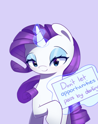 Size: 712x900 | Tagged: safe, artist:joyfulinsanity, character:rarity, darling, looking at you, positive ponies, sign, solo