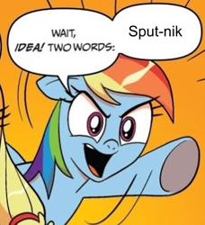 Size: 333x365 | Tagged: safe, idw, character:applejack, character:rainbow dash, comic, exploitable meme, meme, reference, sputnik, toy story, toy story 2, two words meme