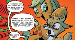 Size: 823x438 | Tagged: safe, edit, idw, character:applejack, character:bramble, species:deer, species:earth pony, species:pony, female, implied anal, implied sex, mare, rage, text edit