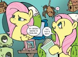 Size: 1087x800 | Tagged: safe, artist:katiecandraw, idw, character:fluttershy, species:pegasus, species:pony, cave troll, cave troll jim, cute, female, fluttershy being fluttershy, heart, magazine, mare, needs more jpeg, picture frame, spider, spider-sense