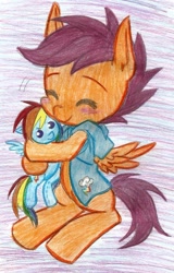 Size: 898x1404 | Tagged: safe, artist:krazykari, artist:megarexetera, character:rainbow dash, character:scootaloo, species:pegasus, species:pony, blushing, clothing, colored, cute, cutealoo, hug, plushie, smiling, traditional art, wings
