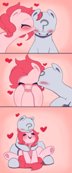 Size: 830x2000 | Tagged: safe, artist:joyfulinsanity, character:pinkie pie, oc, oc:anon, anon pony, anonymous, blushing, cuddling, cute, diapinkes, female, heart, kissing, male, ponified, snuggling, straight, valentine's day