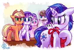 Size: 1280x868 | Tagged: safe, artist:whitediamonds, character:applejack, character:cookie crumbles, character:hondo flanks, character:rarity, character:sweetie belle, oc, oc:glory, parent:applejack, ship:cookieflanks, ship:rarijack, fanfic, female, how far away you roam, lesbian, offspring, rarijack daily, rarity's parents, shipping