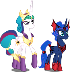 Size: 1633x1674 | Tagged: dead source, safe, artist:xebck, idw, character:princess celestia, character:princess luna, species:alicorn, species:pony, alternate universe, dark mirror universe, duo, evil, evil celestia, evil counterpart, evil luna, evil sisters, female, idw showified, mare, reflections, royal sisters, simple background, sisters, transparent background, vector