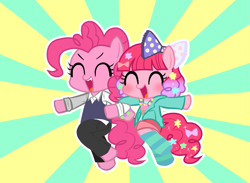 Size: 1023x748 | Tagged: safe, artist:momo, character:pinkie pie, alternate hairstyle, bow, clothing, cute, diapinkes, duality, eyes closed, famihara, hair bow, open mouth, shirt, socks, vest