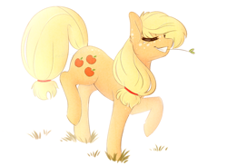 Size: 900x658 | Tagged: safe, artist:catitty, character:applejack, grin, hatless, missing accessory, solo, straw, trotting