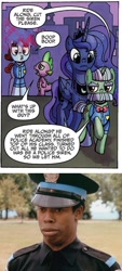Size: 568x1258 | Tagged: safe, edit, idw, character:princess luna, character:spike, comic, comparison, cropped, idw advertisement, larvell jones, michael winslow, officer by the book, police academy, preview, ride along