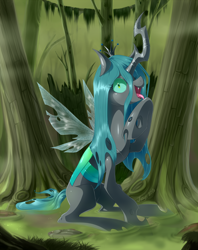 Size: 800x1010 | Tagged: safe, artist:jiayi, character:queen chrysalis, species:changeling, changeling queen, crazy eyes, fangs, female, hilarious in hindsight, horn, raised hoof, solo, spread wings, swamp, tongue out, wings