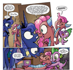 Size: 1400x1346 | Tagged: safe, idw, character:mina, character:princess luna, character:spike, species:dragon, ship:lumbra, dialogue, dragoness, eyes closed, faint, fangasm, fangirl, female, male, shipper on deck, shipping, speech bubble, straight