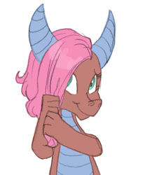 Size: 479x560 | Tagged: safe, artist:carnifex, idw, character:mina, species:dragon, :t, claws, cute, dragoness, female, hair over one eye, horns, looking at you, minabetes, simple background, smiling, solo, white background