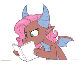 Size: 651x580 | Tagged: safe, artist:carnifex, idw, character:mina, species:dragon, book, claws, comic book, cute, dragon wings, dragoness, exploitable, female, horns, minabetes, reading, simple background, solo, white background, wings