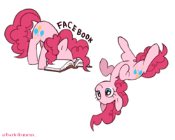 Size: 600x480 | Tagged: safe, artist:kairean, character:pinkie pie, book, cute, diapinkes, facebook, facebooking, literal, on back, pinkie being pinkie, pun, simple background, smiling, solo, upside down, visual gag, white background