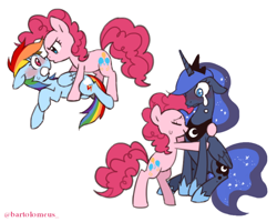 Size: 600x480 | Tagged: safe, artist:kairean, character:pinkie pie, character:princess luna, character:rainbow dash, ship:pinkiedash, blushing, crying, female, floppy ears, lesbian, shipping, simple background