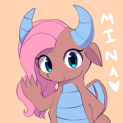 Size: 900x900 | Tagged: safe, artist:joyfulinsanity, idw, character:mina, species:dragon, chibi, claws, cute, dragon wings, dragoness, fangs, female, horns, minabetes, simple background, smiling, solo, text, waving, wings