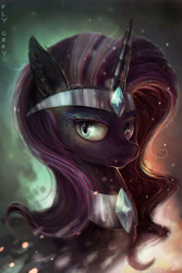Size: 4000x6001 | Tagged: safe, artist:fly-gray, idw, character:nightmare rarity, character:rarity, species:pony, species:unicorn, g4, absurd resolution, crown, female, jewelry, mare, necklace, peytral, portrait, regalia, signature, solo, three quarter view