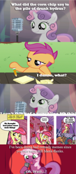 Size: 532x1224 | Tagged: safe, idw, screencap, character:apple bloom, character:applejack, character:babs seed, character:big mcintosh, character:cheerilee, character:granny smith, character:scootaloo, character:sweetie belle, species:earth pony, species:pegasus, species:pony, apple bloom's bad joke, bad sweetie belle joke, cheerilee pun, exploitable meme, joke, male, meme, microphone, stage, stallion, stand-up comedy