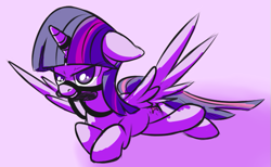 Size: 631x389 | Tagged: dead source, safe, artist:mostazathy, character:twilight sparkle, character:twilight sparkle (alicorn), species:alicorn, species:pony, bedroom eyes, bit, bit gag, bridle, female, floppy ears, flying, gag, grin, horn ring, magic suppression, mare, pink background, prone, reins, simple background, smiling, solo, spread wings, tack, wingboner, wings