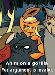 Size: 400x542 | Tagged: safe, edit, idw, character:applejack, species:earth pony, species:pony, accent, caption, comic, context is for the weak, do i look angry, female, gorilla, image macro, mare, meme, reaction image, smug, wat, weird, your argument is invalid