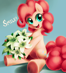 Size: 1000x1100 | Tagged: safe, artist:jiayi, character:pinkie pie, species:earth pony, species:pony, female, flower, gradient background, lily (flower), mare, sitting, smiling, solo, underhoof
