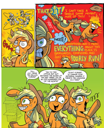 Size: 1277x1565 | Tagged: safe, artist:brendahickey, idw, character:applejack, character:mayor mare, angry, bipedal, bucking, clothing, cowboy hat, crazy face, derp, faec, hat, horses doing horse things, insanity, mane on fire, messy mane, open mouth, raised hoof, snapplejack, stetson, swirly eyes