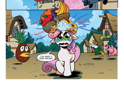 Size: 1395x969 | Tagged: safe, artist:brendahickey, idw, official comic, character:sweetie belle, species:pony, species:unicorn, friends forever, arrested development, banana, carmen miranda, clothing, costume, crying, cute, dialogue, female, filly, foal, food, food costume, food transformation, fruit, fruit basket, hat, hay bales, haymellon, horn, i've made a huge mistake, pig, pineapple, sparking horn, speech bubble, straw hat, sweetie belle's magic brings a great big smile, sweetie fail, sweetiedumb, teary eyes, transformation, wat, watermelon