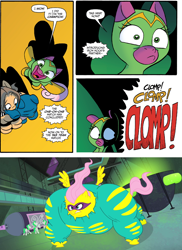Size: 912x1254 | Tagged: safe, artist:jay fosgitt, idw, character:cheerilee, character:fluttershy, character:saddle rager, episode:power ponies, g4, my little pony: friendship is magic, cloverleaf, flutterhulk, iron hock, surprise entrance meme, this will end in pain, wrestling