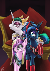 Size: 1447x2046 | Tagged: dead source, safe, artist:lovelyneckbeard, idw, character:princess cadance, character:princess celestia, character:princess luna, species:alicorn, species:pony, bedroom eyes, commission, dark mirror universe, evil cadance, evil celestia, evil luna, female, looking at you, mare, mirror universe, raised hoof, smiling