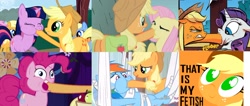 Size: 1602x679 | Tagged: safe, edit, edited screencap, idw, screencap, character:applejack, character:fluttershy, character:pinkie pie, character:rainbow dash, character:rarity, character:twilight sparkle, episode:dragonshy, episode:friendship is magic, episode:rainbow falls, g4, my little pony: friendship is magic, feederjack, feignbow dash, force feeding, hoof fetish, hoof in mouth, hoofjack, meme, saddle bag, that is my fetish, that's my x