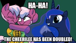 Size: 540x305 | Tagged: safe, artist:jay fosgitt, idw, character:cheerilee, character:princess luna, cherry blossom (idw), comic, hug, image macro, meme, sisters, the fun has been doubled, twins