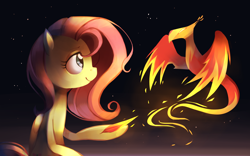 Size: 1984x1240 | Tagged: safe, artist:karzahnii, character:fluttershy, character:philomena, beautiful, feather, fire, stars