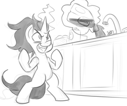 Size: 911x758 | Tagged: safe, artist:reiduran, idw, character:king sombra, species:pony, bags under eyes, bipedal, chocolate milk, colt sombra, comic, dark magic, everything is ruined, exploitable meme, faucet, laughing, magic, meme, monochrome, open mouth, pure unfiltered evil, sink, spilled milk, telekinesis