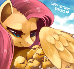 Size: 753x700 | Tagged: dead source, safe, artist:suikuzu, character:fluttershy, species:pegasus, species:pony, birthday gift, chick, chicks, cute, egg, female, fluttermom, happy birthday, mare, shyabetes, signature, sky, text, wing blanket, wings