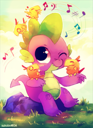 Size: 664x915 | Tagged: dead source, safe, artist:suikuzu, character:peewee, character:spike, species:dragon, species:phoenix, cute, music notes, nuzzling, peewee, rubbing, sitting, smiling, squishy, squishy cheeks, waving, wink
