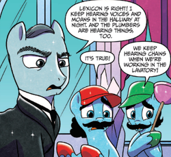 Size: 832x762 | Tagged: safe, idw, official comic, species:crystal pony, species:pony, cameo, charles carson, colored hooves, dialogue, downton abbey, facial hair, lexicon, luigi, male, mario, moustache, out of context, plumber, ponified, speech bubble, stallion, super mario bros.