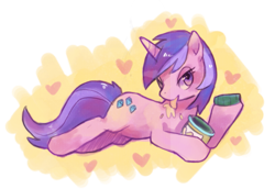 Size: 1229x844 | Tagged: safe, artist:suikuzu, character:amethyst star, character:sparkler, species:pony, species:unicorn, abstract background, female, licking, mare, peanut butter, prone, solo, that pony sure loves peanut butter, tongue out
