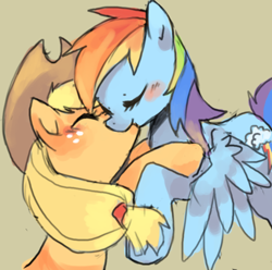 Size: 500x495 | Tagged: safe, artist:suikuzu, character:applejack, character:rainbow dash, species:earth pony, species:pegasus, species:pony, ship:appledash, blushing, female, kissing, lesbian, mare, shipping, simple background