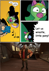 Size: 775x1115 | Tagged: safe, edit, idw, character:cheerilee, species:earth pony, species:human, species:pony, cloverleaf, crossover, heavy, heavy weapons guy, luchador, meme, surprise entrance meme, team fortress 2, wrestling