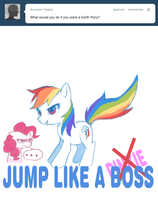 Size: 656x820 | Tagged: safe, artist:suikuzu, character:pinkie pie, character:rainbow dash, species:earth pony, species:pony, ..., animated, anonymous, ask, cutie mark, female, gif, jumping, like a boss, mare, pronking, tumblr, unamused, wingless