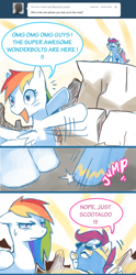 Size: 634x1280 | Tagged: safe, artist:suikuzu, character:rainbow dash, character:scootaloo, species:pegasus, species:pony, annoyed, ask, cliff, clothing, comic, excited, female, filly, goggles, mare, uniform, wonderbolts, wonderbolts uniform