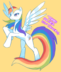 Size: 1088x1280 | Tagged: safe, artist:suikuzu, character:rainbow dash, species:alicorn, species:pony, ask, female, mare, race swap, rainbowcorn, rearing, simple background, solo
