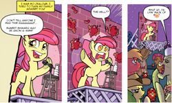 Size: 940x565 | Tagged: safe, edit, idw, character:apple bloom, character:apple fritter, character:applejack, character:babs seed, character:big mcintosh, character:granny smith, species:earth pony, species:pony, apple, apple bloom's bad joke, censored, exploitable meme, image macro, male, meme, microphone, patreon, psyga's alternate pony scenes, stage, stallion, stand-up comedy, stool, water bottle
