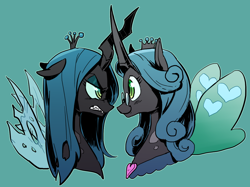 Size: 1150x860 | Tagged: source needed, useless source url, safe, artist:baekgup, idw, character:queen chrysalis, species:changeling, female, looking at each other, reversalis, self paradox, self ponidox